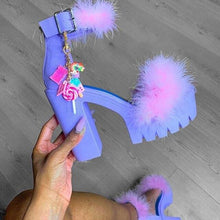 Load image into Gallery viewer, Women Fashion Platform Slippers 2020 Woman Summer Fur High Heel Women's Peep Toe Slides Ladies Print Pump Female Shoes Plus Size