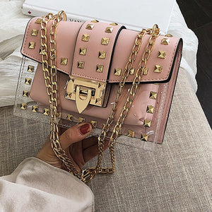 Small clear Brand Designer Woman 2020 New Fashion Messenger Bag Chains Shoulder Bag Female Rivets Transparent Square PU Handbag - Motolayo