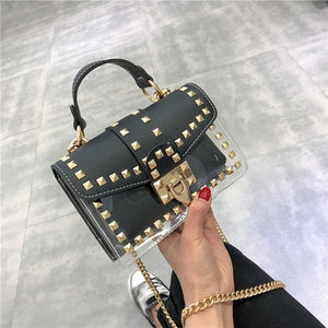 Small clear Brand Designer Woman 2020 New Fashion Messenger Bag Chains Shoulder Bag Female Rivets Transparent Square PU Handbag - Motolayo