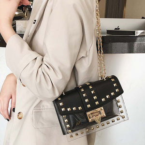 Small clear Brand Designer Woman 2020 New Fashion Messenger Bag Chains Shoulder Bag Female Rivets Transparent Square PU Handbag - Motolayo