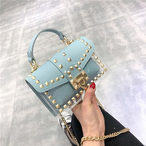 Small clear Brand Designer Woman 2020 New Fashion Messenger Bag Chains Shoulder Bag Female Rivets Transparent Square PU Handbag - Motolayo