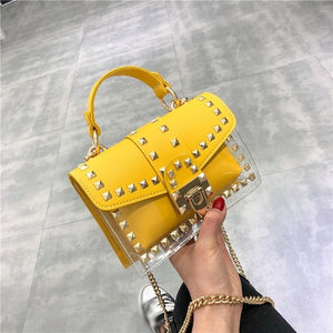 Small clear Brand Designer Woman 2020 New Fashion Messenger Bag Chains Shoulder Bag Female Rivets Transparent Square PU Handbag - Motolayo