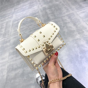 Small clear Brand Designer Woman 2020 New Fashion Messenger Bag Chains Shoulder Bag Female Rivets Transparent Square PU Handbag - Motolayo