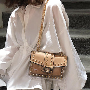 Small clear Brand Designer Woman 2020 New Fashion Messenger Bag Chains Shoulder Bag Female Rivets Transparent Square PU Handbag - Motolayo