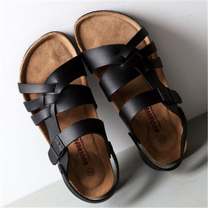 2020 New Men's Summer Flat Fashion Adjustable Men Slides Beach Flip-Flops Male Leather Black Cork Sandals Home Shoes 39-46 Black - Motolayo