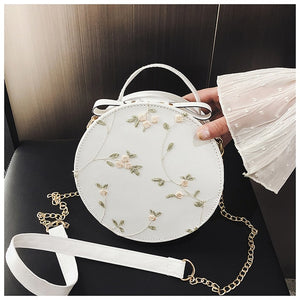 Hot Sale Sweet Lace Round Handbags High Quality PU Leather Women Crossbody Bags Female Small Fresh Flower Chain Shoulder Bags