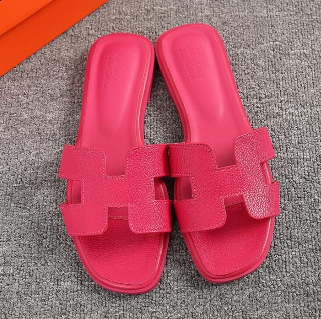 Plus Size 43 Slippers Women Summer Genuine Leather Luxury Shoes Women Designers Mule Sandals Ladies Slides