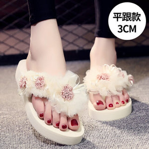 Summer Lady Flower Flip anti-slip foot holiday seaside beach shoes fashion thick bottom outside wearing cool slippers flip-flops - Motolayo