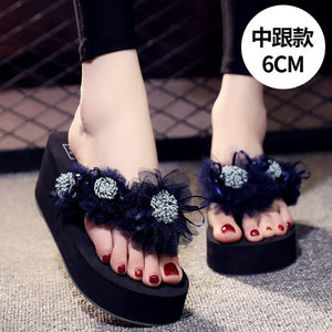 Summer Lady Flower Flip anti-slip foot holiday seaside beach shoes fashion thick bottom outside wearing cool slippers flip-flops - Motolayo