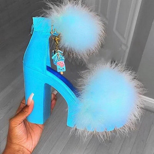 Women Fashion Platform Slippers 2020 Woman Summer Fur High Heel Women's Peep Toe Slides Ladies Print Pump Female Shoes Plus Size - Motolayo