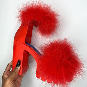 Women Fashion Platform Slippers 2020 Woman Summer Fur High Heel Women's Peep Toe Slides Ladies Print Pump Female Shoes Plus Size