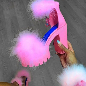 Women Fashion Platform Slippers 2020 Woman Summer Fur High Heel Women's Peep Toe Slides Ladies Print Pump Female Shoes Plus Size