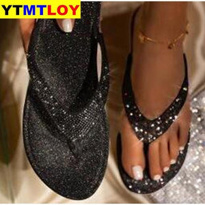 Plus Size Women Flip Flop Slippers Slides Bling Rhinestone Ladies Shoes Casual Summer Flat Female Crystal Glitter Woman