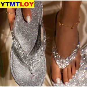 Plus Size Women Flip Flop Slippers Slides Bling Rhinestone Ladies Shoes Casual Summer Flat Female Crystal Glitter Woman